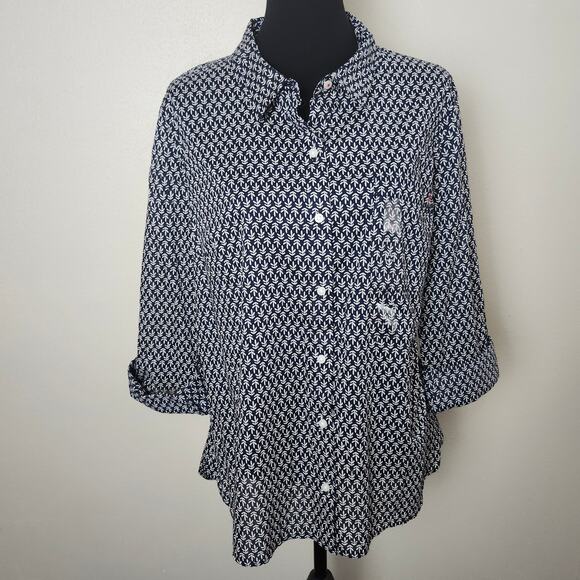 Nautica Jeans Women's NWT Button Up Roll Tab Sleeve Blue Leaf Stamp X-Large - Picture 1 of 10